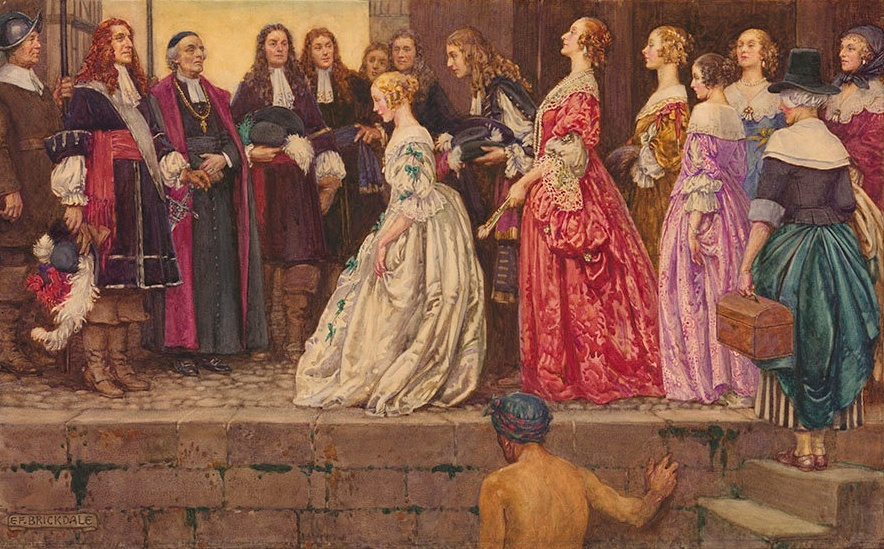 A pintura mostra Jean Talon, um sacerdote católico e outros homens no Porto de Québec, em 1667, recebendo várias moças - as Filhas do Rei