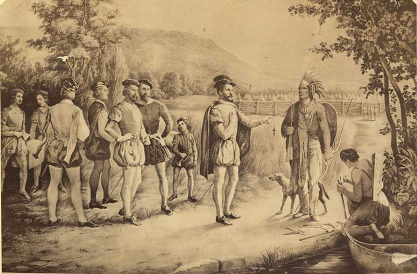 Jacques Cartier encontra o chefe indígena Donnacona. Aos fundos avista-se a cidade de Stadacona, atual Québec