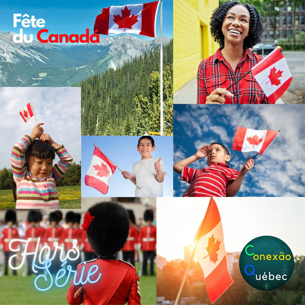 A imagem mostra o título Festa do Canadá e Hors de Serie ou Fora de Série. Além disso, mostra várias crianças e adultos com bandeiras do Canadá.